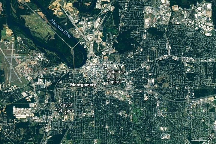 Landsat image shows route of 1965 Selma-to-Montgomery march in Montgomery — Assets.science.nasa.gov
