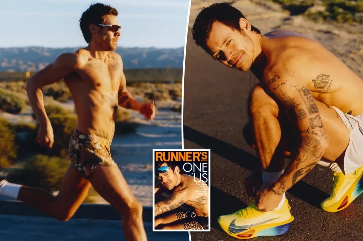 Harry Styles shows off tattoos in leopard short shorts for Runner's World — Pagesix