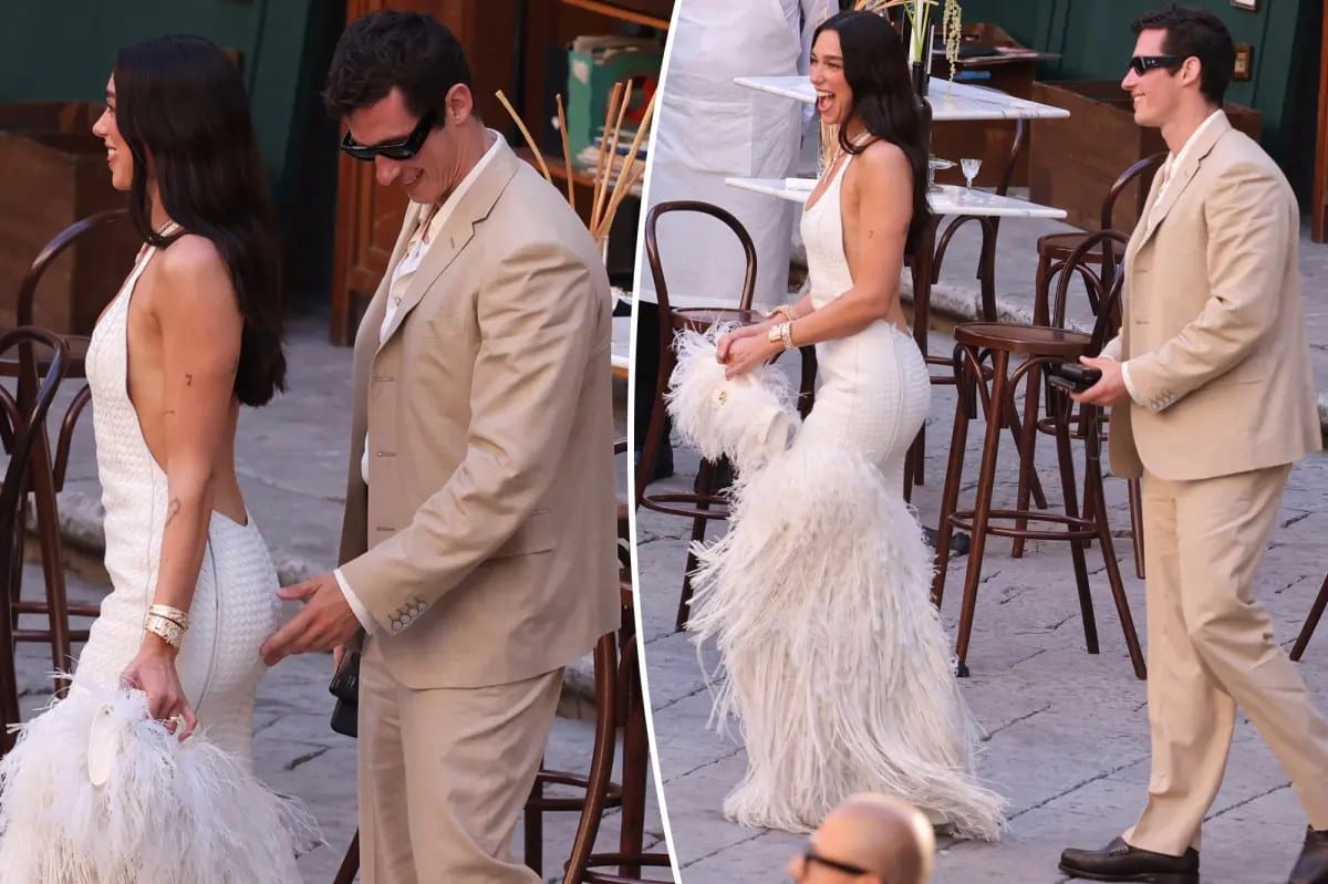Dua Lipa kicks off wedding weekend in white leather and feathers — Pagesix
