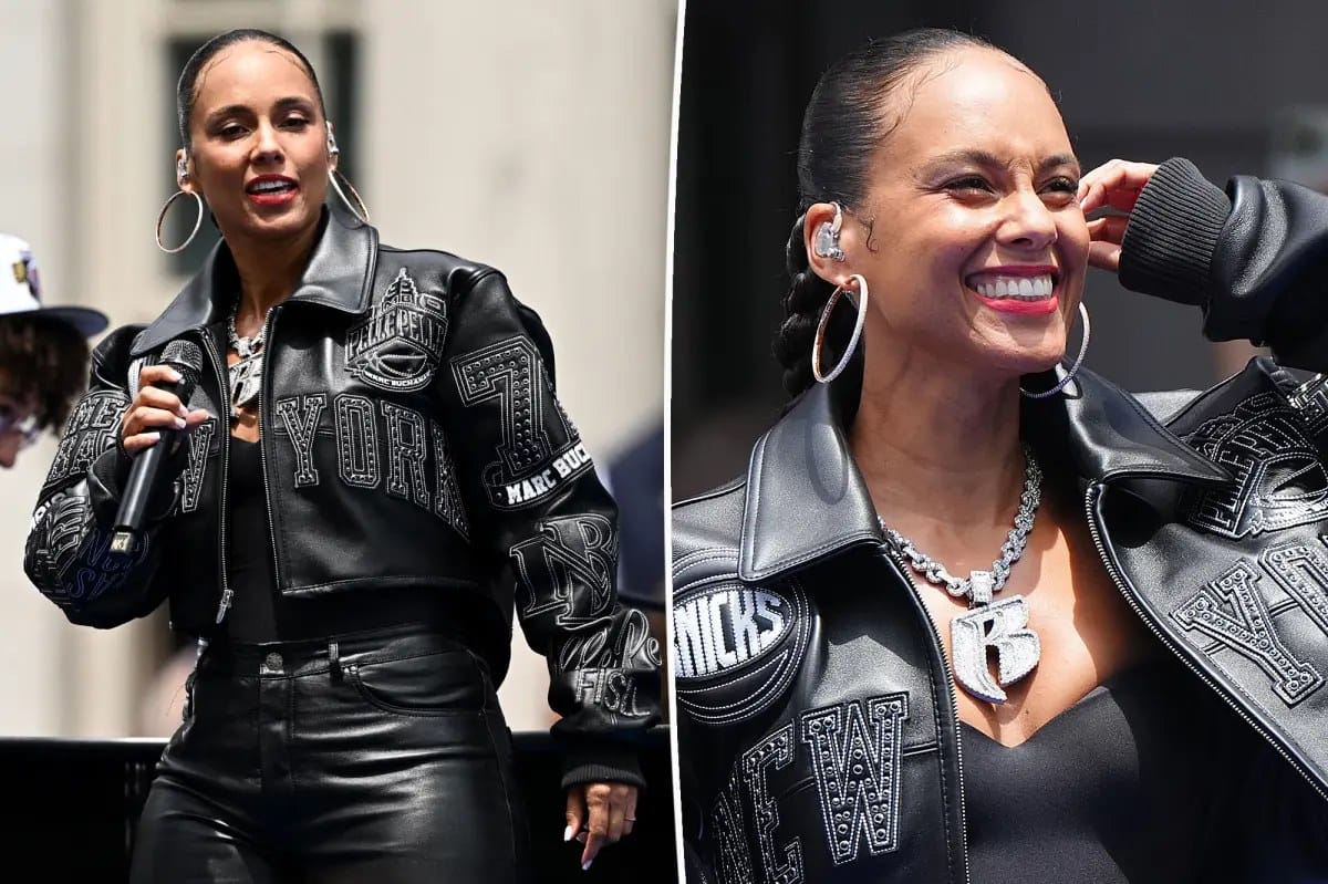 Alicia Keys closes Knicks parade in black leather and diamond chain — Pagesix