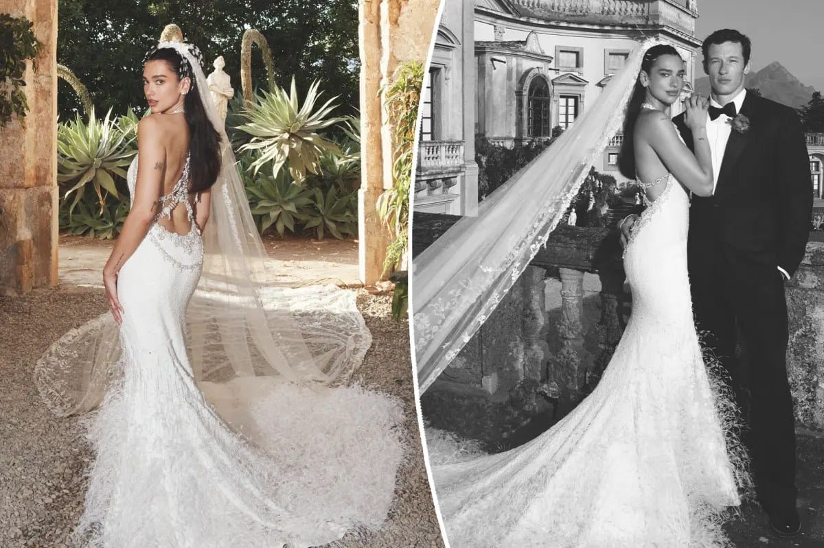 Dua Lipa's Chanel haute couture wedding gown features beads and feathers — Pagesix