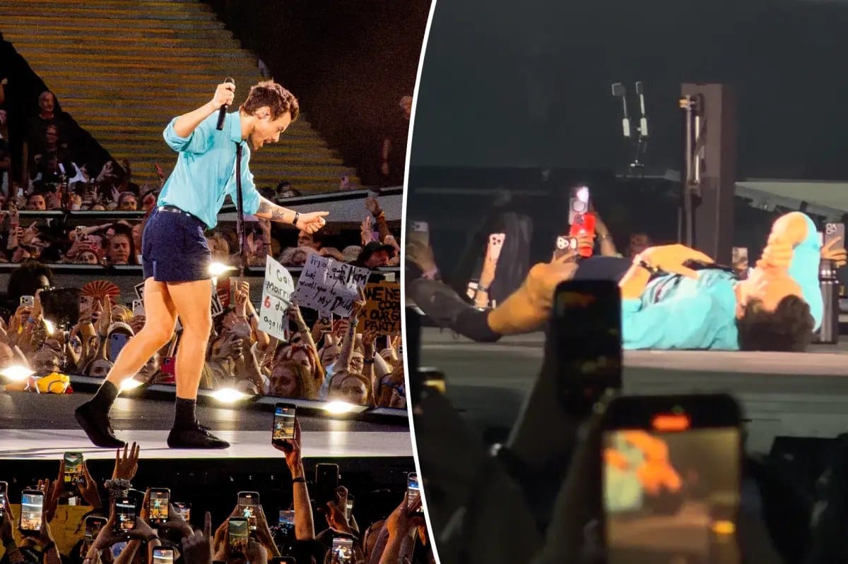 Harry Styles chokes on water and collapses onstage during Wembley set — Pagesix